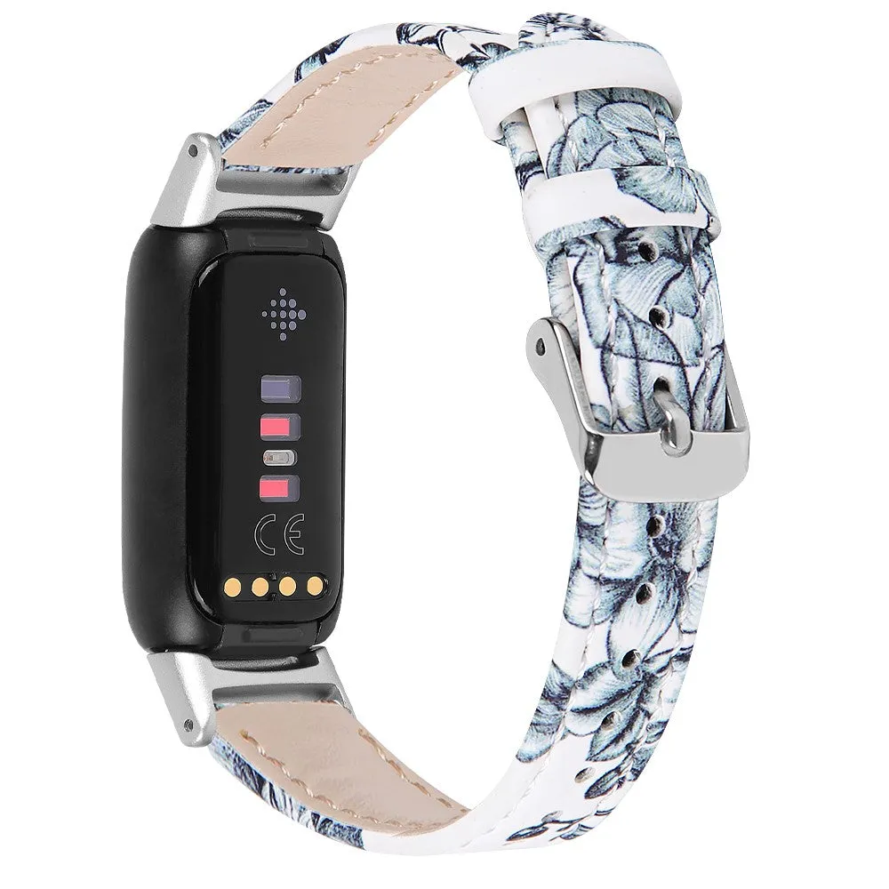 Fitbit Luxe top layer cowhide watch strap - Light Blue Flowers