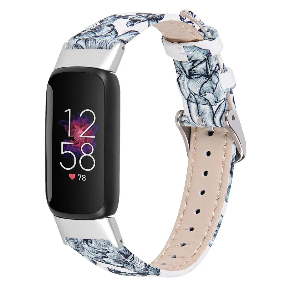 Fitbit Luxe top layer cowhide watch strap - Light Blue Flowers