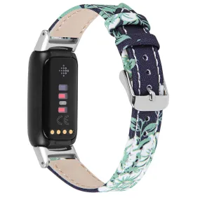 Fitbit Luxe top layer cowhide watch strap - Teal Flowers in Black Background