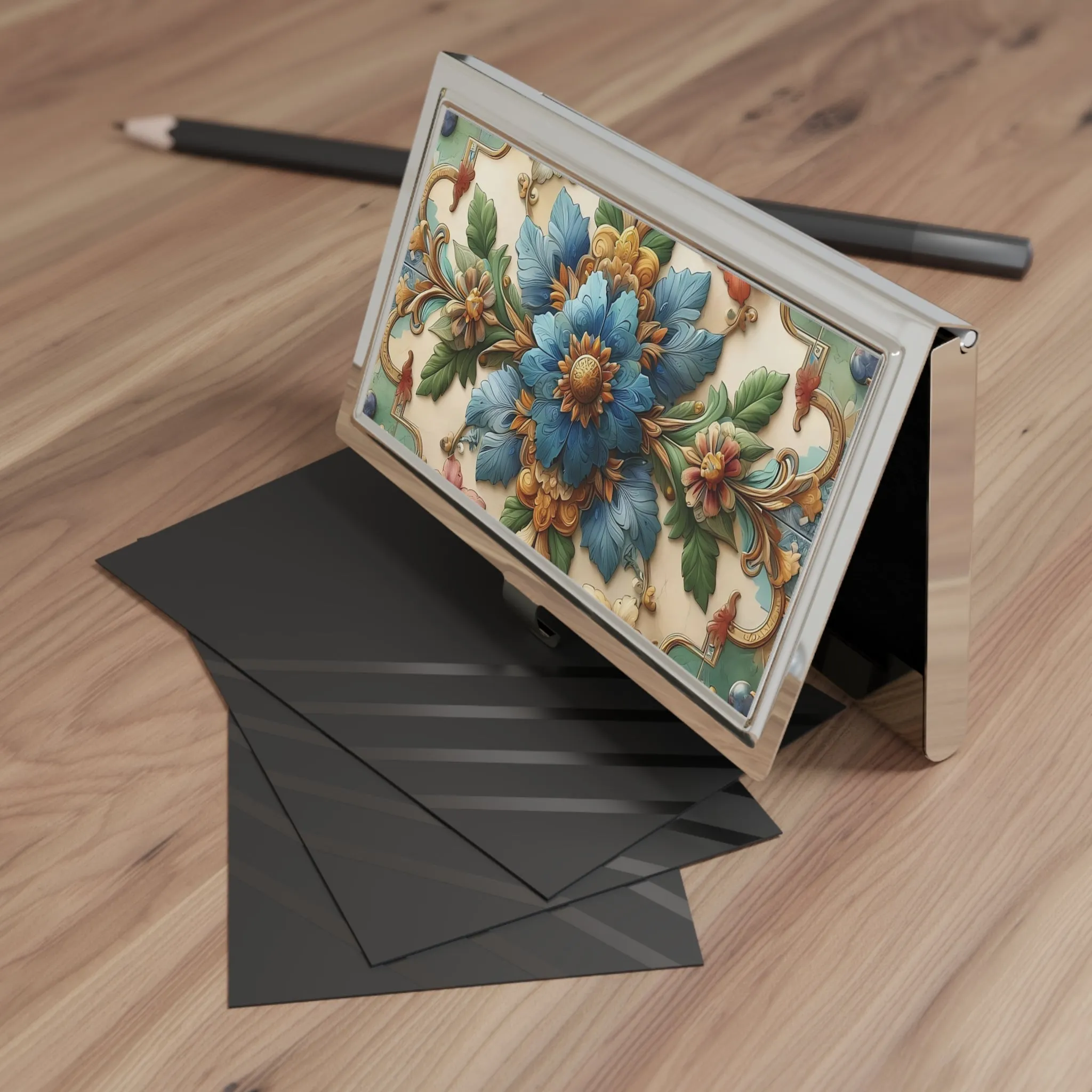 Flower pattern traditional tile art Business Card Holder