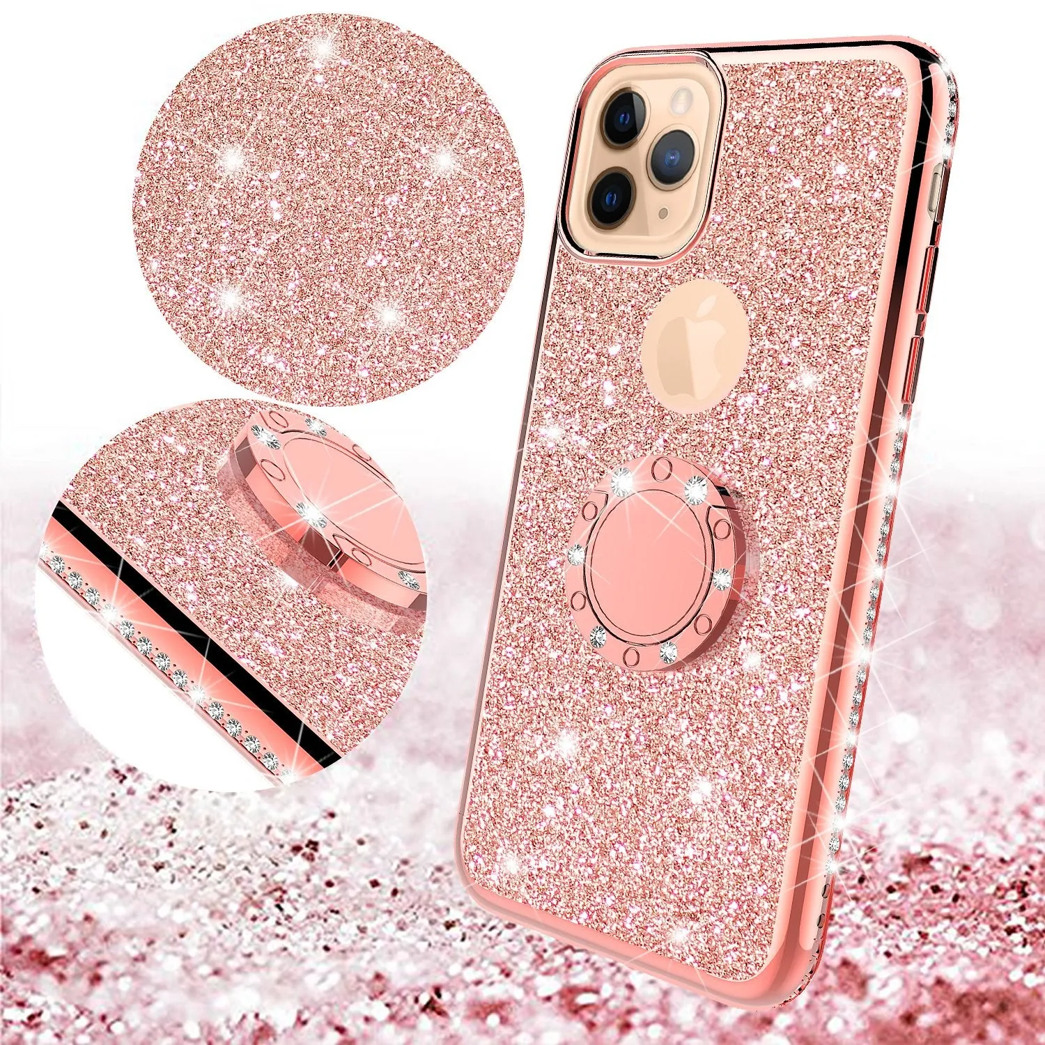 For Apple iPhone 13 Case, Glitter Cute Phone Case Girls with Kickstand,Bling Diamond Rhinestone Bumper Ring Stand Sparkly Luxury Clear Thin Soft Protective Apple iPhone 13 Case for Girl Women - Rose Gold