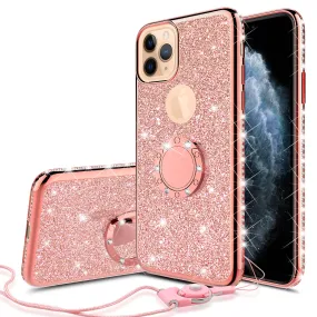 For Apple iPhone 13 Case, Glitter Cute Phone Case Girls with Kickstand,Bling Diamond Rhinestone Bumper Ring Stand Sparkly Luxury Clear Thin Soft Protective Apple iPhone 13 Case for Girl Women - Rose Gold