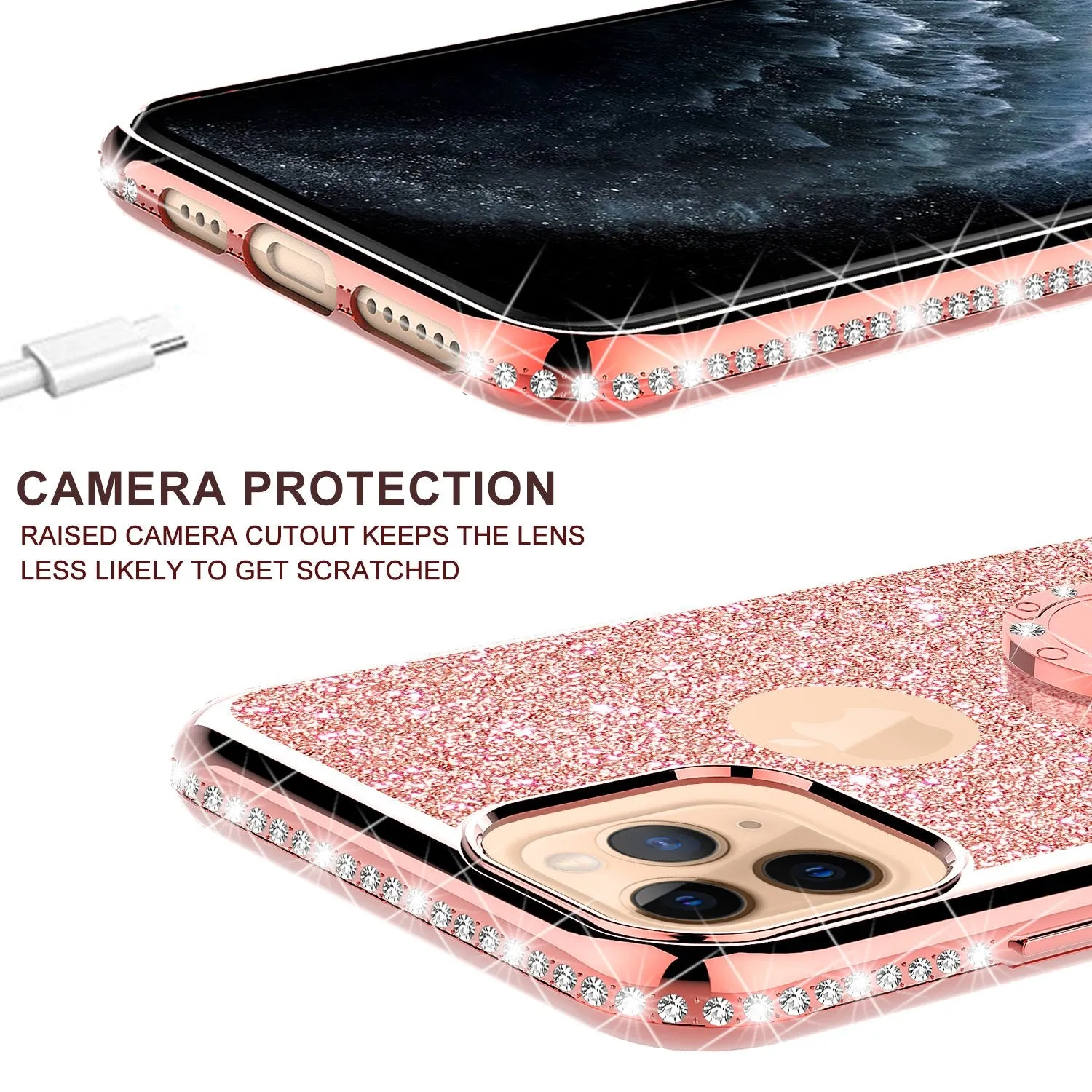 For Apple iPhone 13 Case, Glitter Cute Phone Case Girls with Kickstand,Bling Diamond Rhinestone Bumper Ring Stand Sparkly Luxury Clear Thin Soft Protective Apple iPhone 13 Case for Girl Women - Rose Gold