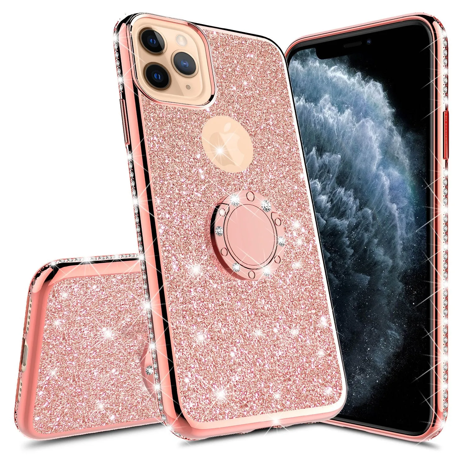 For Apple iPhone 13 Case, Glitter Cute Phone Case Girls with Kickstand,Bling Diamond Rhinestone Bumper Ring Stand Sparkly Luxury Clear Thin Soft Protective Apple iPhone 13 Case for Girl Women - Rose Gold