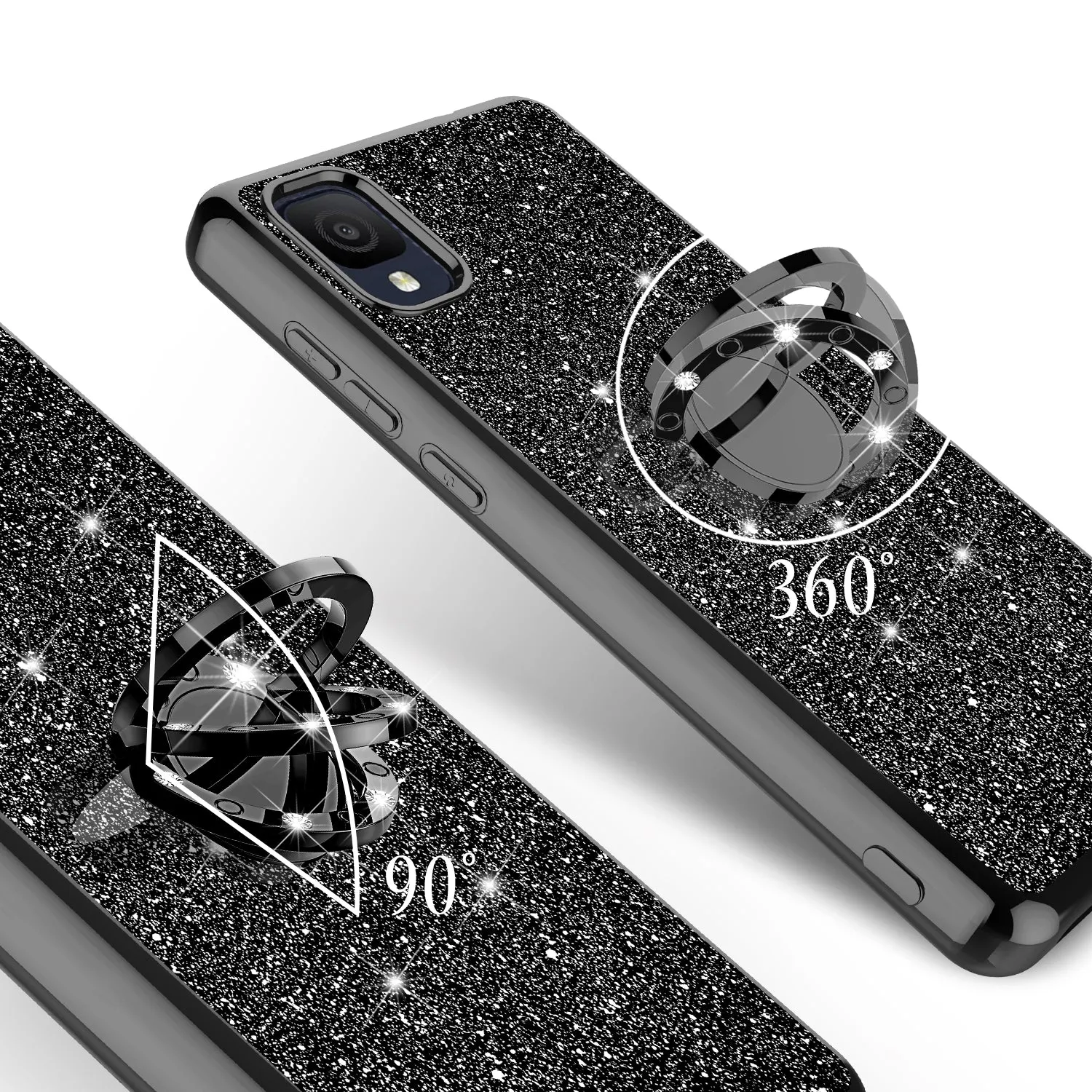 For TCL 30Z 30LE Case, Glitter Cute Phone Case Girls with Kickstand,Bling Diamond Rhinestone Bumper Ring Stand Sparkly Luxury Clear Thin Soft Protective TCL 30Z 30LE Case for Girl Women - Black