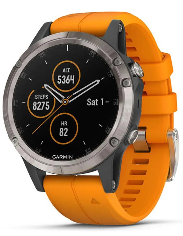 Garmin Fenix 5 Plus Sapphire Multisport Watch - Stainless Steel - Orange Strap