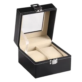 Glass Top 2-Slot Leather Watch Box with Lock & Display