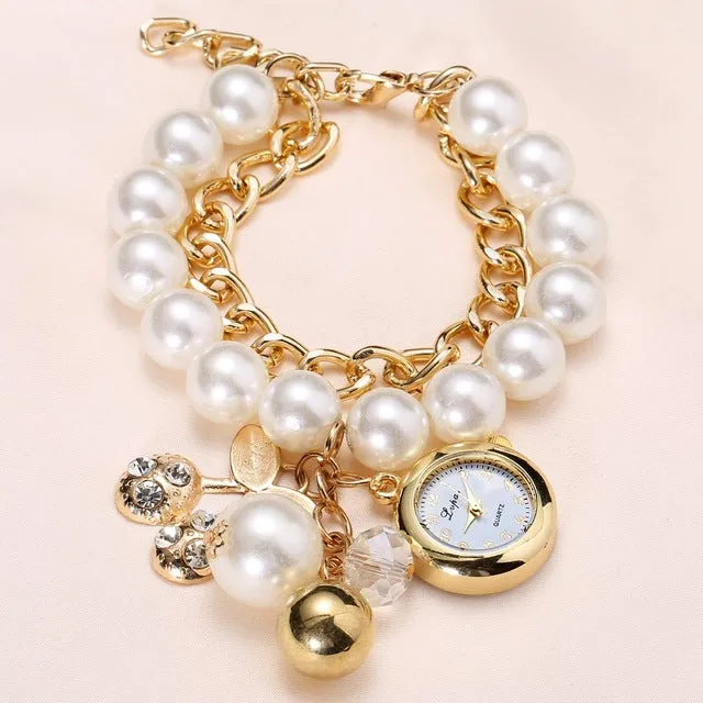 Gold Pearls Crystal Luxury Bracelet Quartz Watches Fashion Women Dress Casual Wristwatch Business Vintage Cartoon Sport Watch