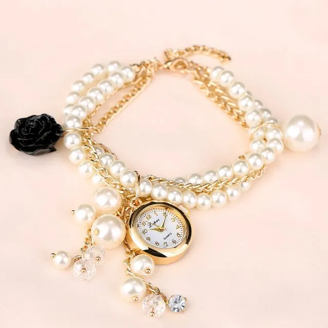 Gold Pearls Crystal Luxury Bracelet Quartz Watches Fashion Women Dress Casual Wristwatch Business Vintage Cartoon Sport Watch