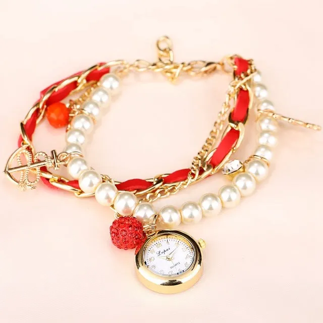 Gold Pearls Crystal Luxury Bracelet Quartz Watches Fashion Women Dress Casual Wristwatch Business Vintage Cartoon Sport Watch