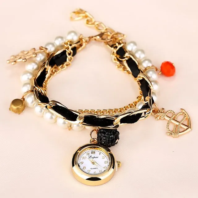 Gold Pearls Crystal Luxury Bracelet Quartz Watches Fashion Women Dress Casual Wristwatch Business Vintage Cartoon Sport Watch