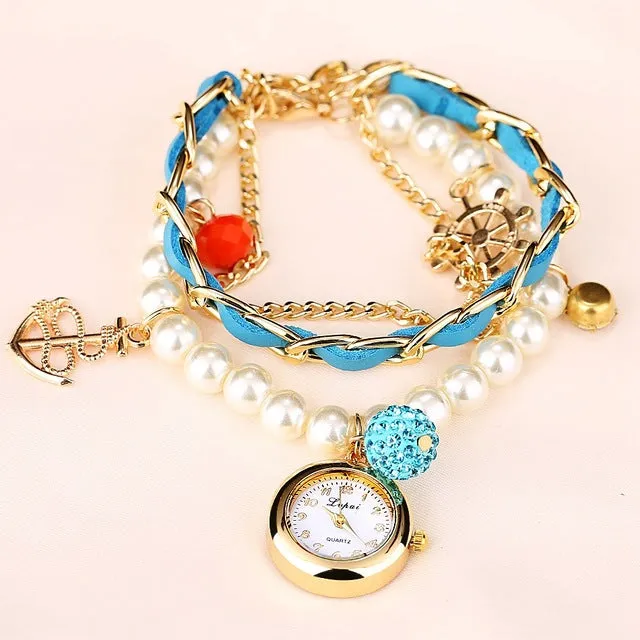 Gold Pearls Crystal Luxury Bracelet Quartz Watches Fashion Women Dress Casual Wristwatch Business Vintage Cartoon Sport Watch