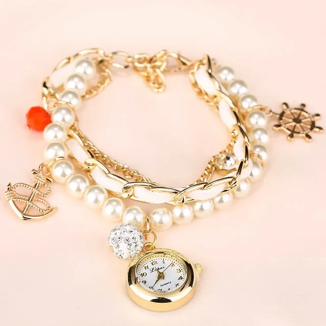 Gold Pearls Crystal Luxury Bracelet Quartz Watches Fashion Women Dress Casual Wristwatch Business Vintage Cartoon Sport Watch