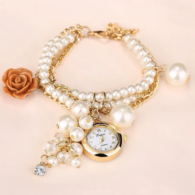 Gold Pearls Crystal Luxury Bracelet Quartz Watches Fashion Women Dress Casual Wristwatch Business Vintage Cartoon Sport Watch