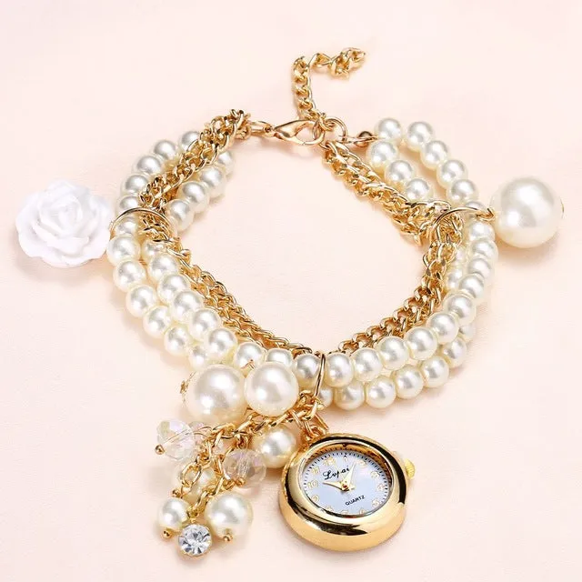 Gold Pearls Crystal Luxury Bracelet Quartz Watches Fashion Women Dress Casual Wristwatch Business Vintage Cartoon Sport Watch