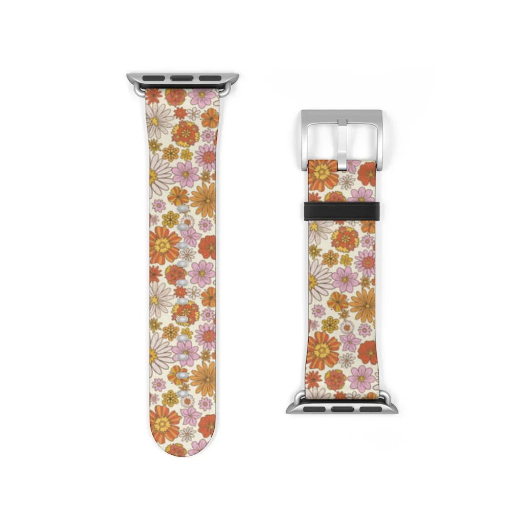 Groovy Flowers Apple Watch Band, Cute Retro Floral Designer Vegan Faux Leather 38mm 40mm 42mm 44mm Size Series 1 2 3 4 5 6 7 SE Strap