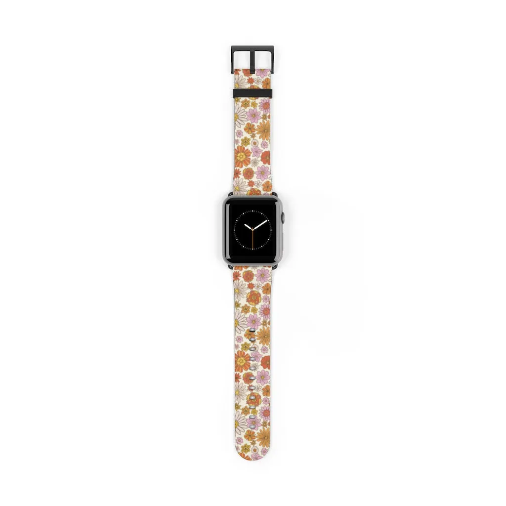 Groovy Flowers Apple Watch Band, Cute Retro Floral Designer Vegan Faux Leather 38mm 40mm 42mm 44mm Size Series 1 2 3 4 5 6 7 SE Strap