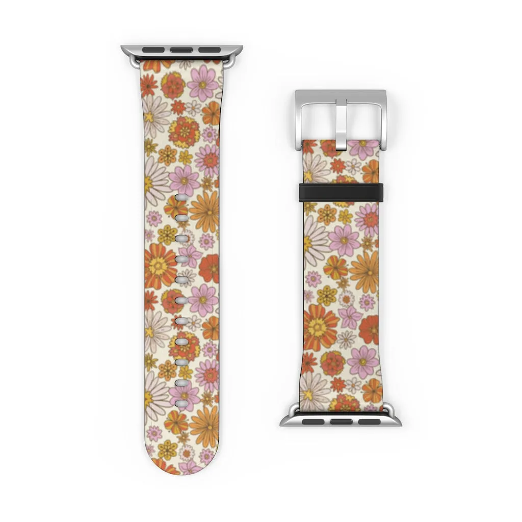 Groovy Flowers Apple Watch Band, Cute Retro Floral Designer Vegan Faux Leather 38mm 40mm 42mm 44mm Size Series 1 2 3 4 5 6 7 SE Strap