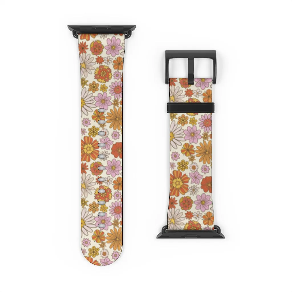 Groovy Flowers Apple Watch Band, Cute Retro Floral Designer Vegan Faux Leather 38mm 40mm 42mm 44mm Size Series 1 2 3 4 5 6 7 SE Strap