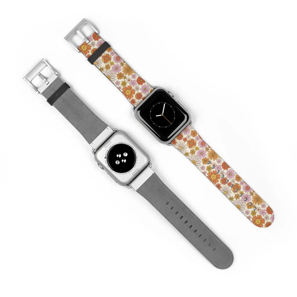 Groovy Flowers Apple Watch Band, Cute Retro Floral Designer Vegan Faux Leather 38mm 40mm 42mm 44mm Size Series 1 2 3 4 5 6 7 SE Strap