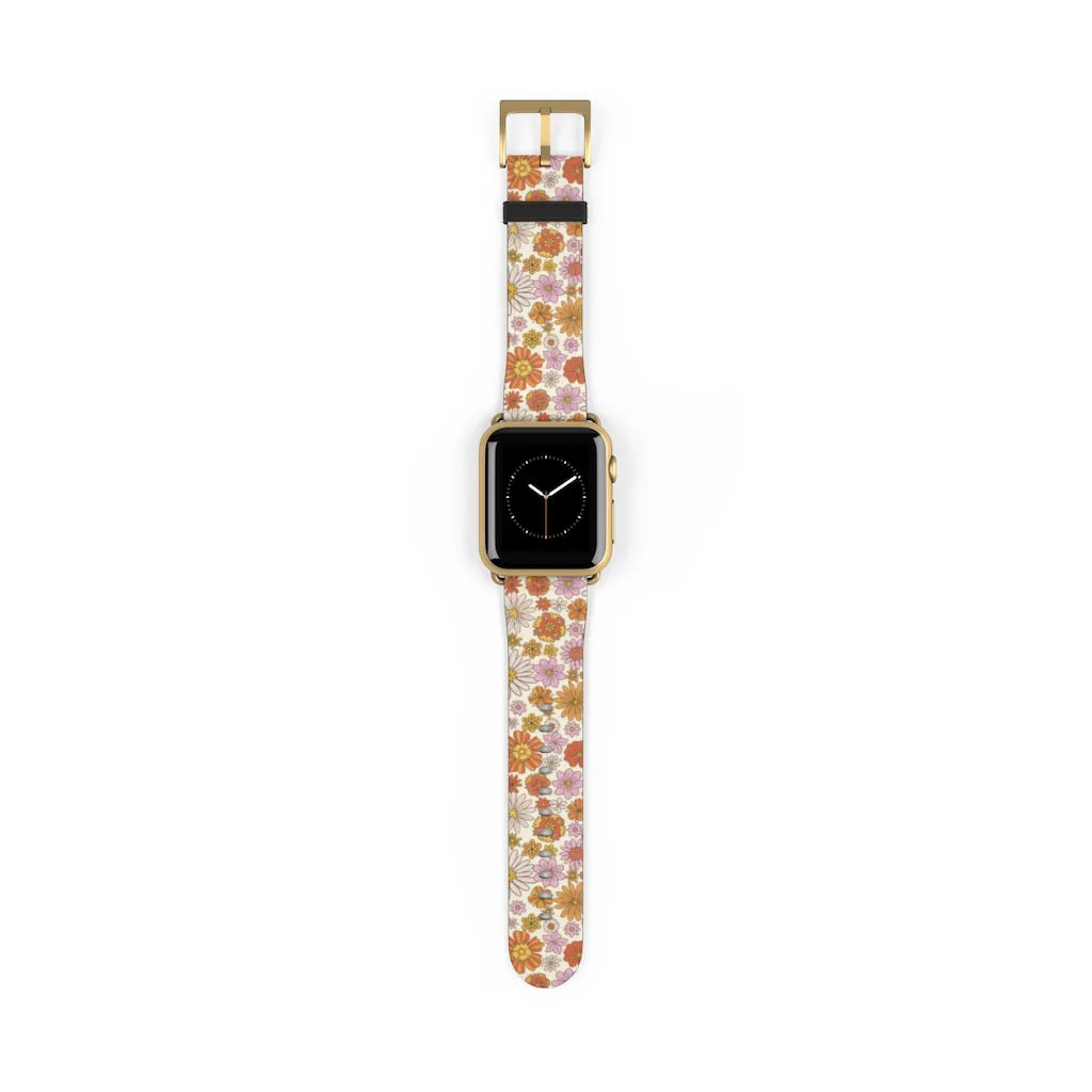 Groovy Flowers Apple Watch Band, Cute Retro Floral Designer Vegan Faux Leather 38mm 40mm 42mm 44mm Size Series 1 2 3 4 5 6 7 SE Strap