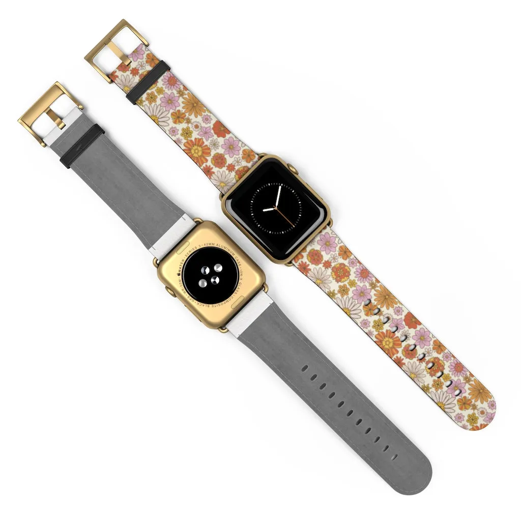 Groovy Flowers Apple Watch Band, Cute Retro Floral Designer Vegan Faux Leather 38mm 40mm 42mm 44mm Size Series 1 2 3 4 5 6 7 SE Strap