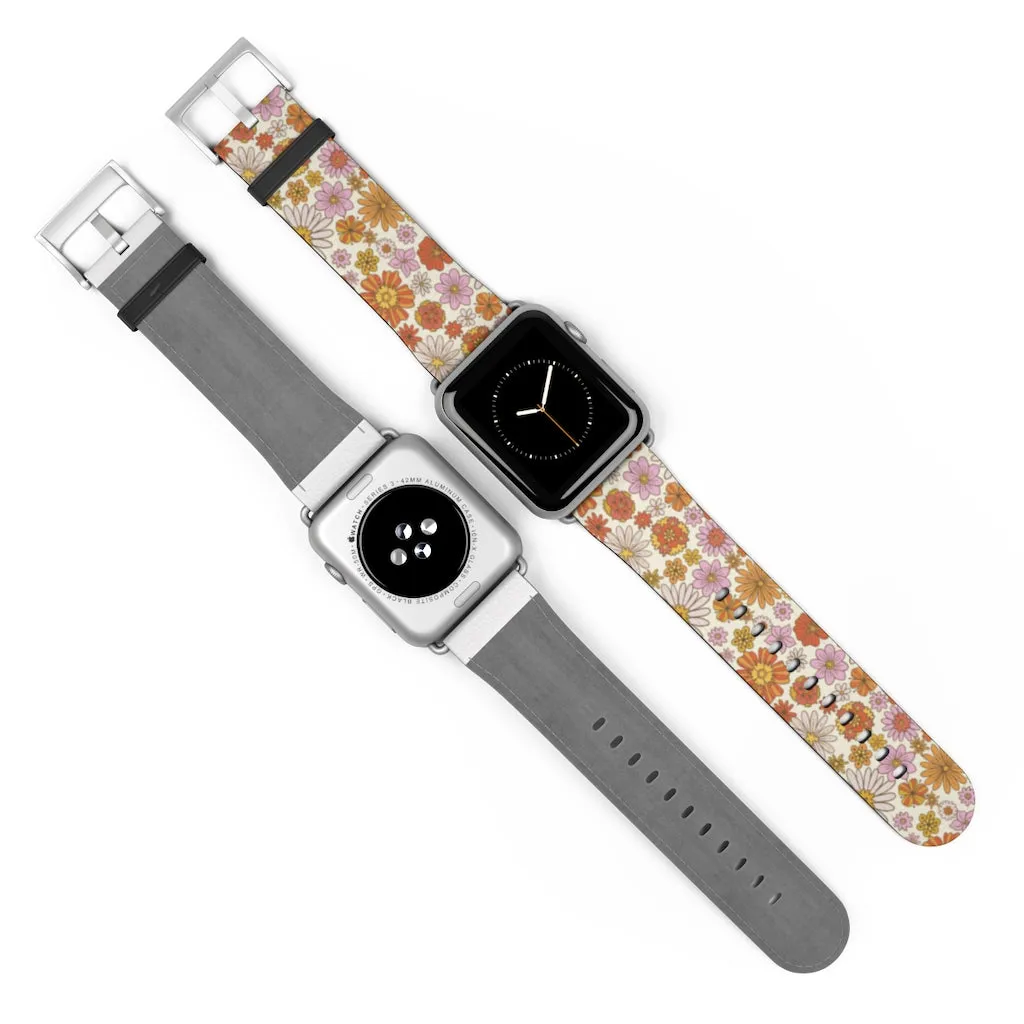 Groovy Flowers Apple Watch Band, Cute Retro Floral Designer Vegan Faux Leather 38mm 40mm 42mm 44mm Size Series 1 2 3 4 5 6 7 SE Strap