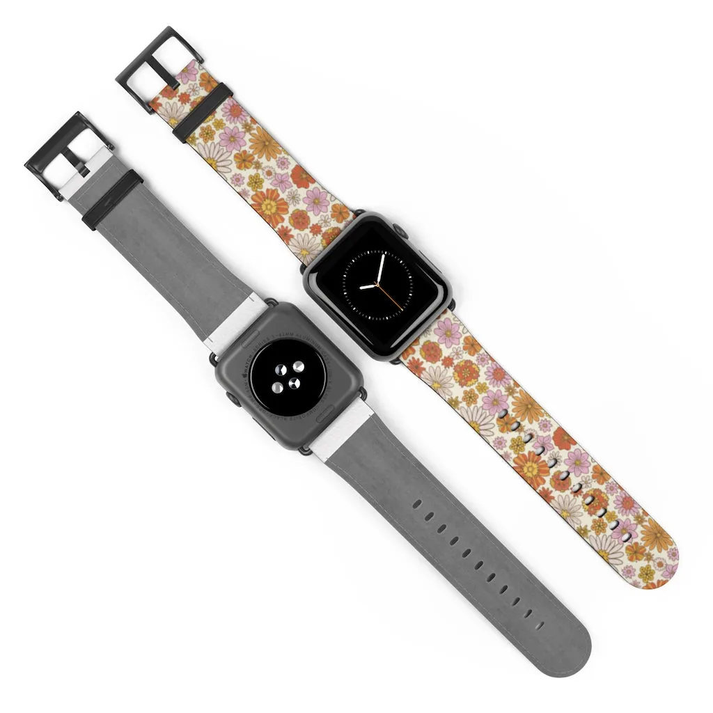 Groovy Flowers Apple Watch Band, Cute Retro Floral Designer Vegan Faux Leather 38mm 40mm 42mm 44mm Size Series 1 2 3 4 5 6 7 SE Strap