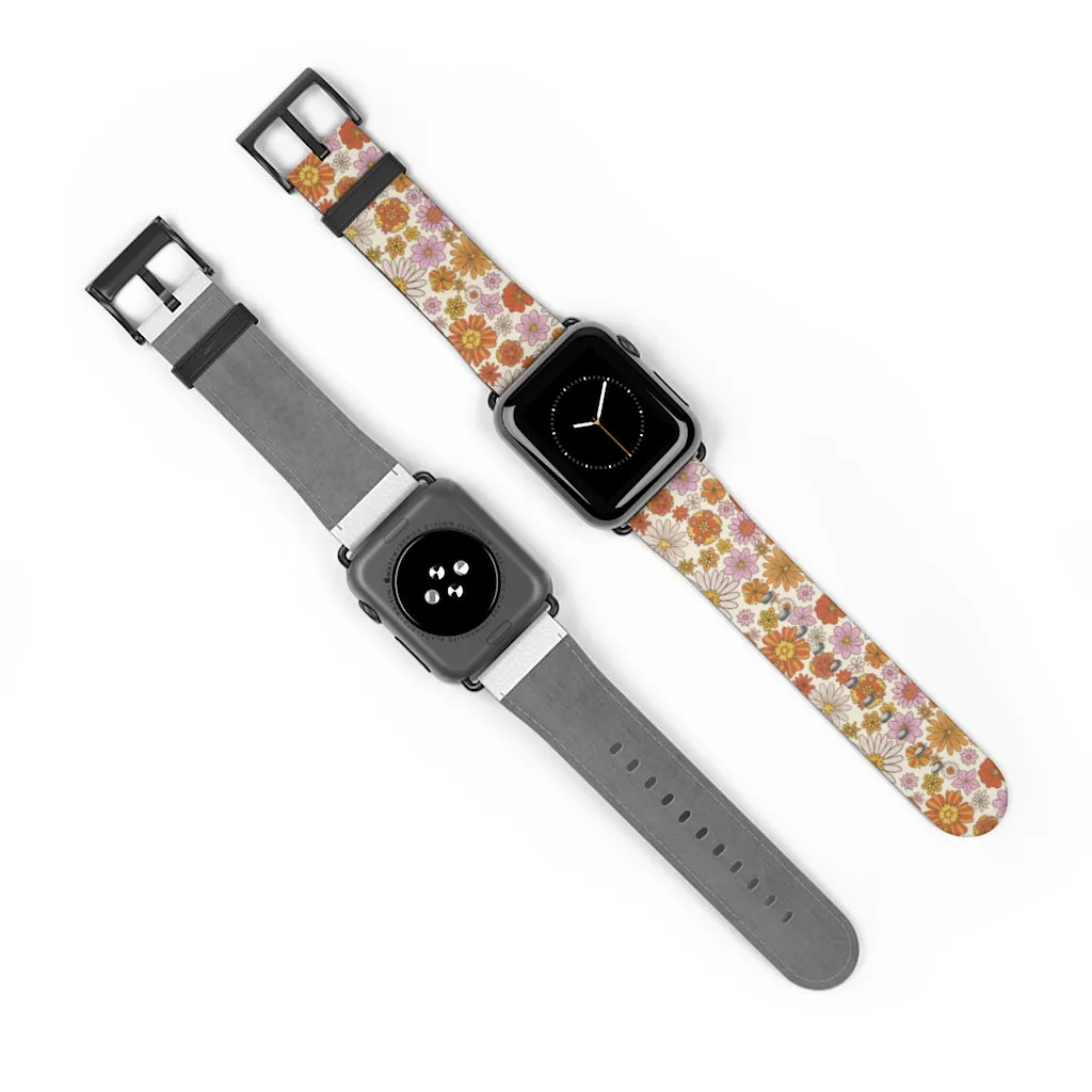 Groovy Flowers Apple Watch Band, Cute Retro Floral Designer Vegan Faux Leather 38mm 40mm 42mm 44mm Size Series 1 2 3 4 5 6 7 SE Strap