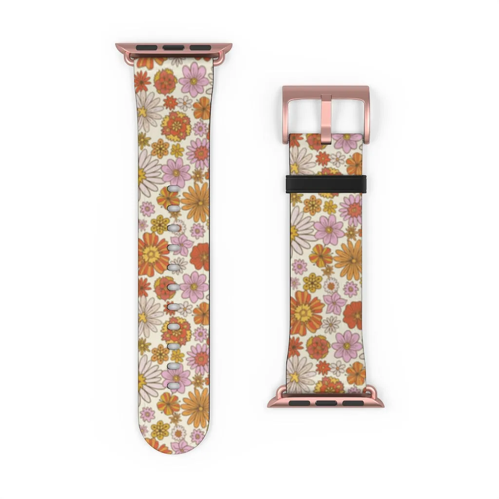 Groovy Flowers Apple Watch Band, Cute Retro Floral Designer Vegan Faux Leather 38mm 40mm 42mm 44mm Size Series 1 2 3 4 5 6 7 SE Strap