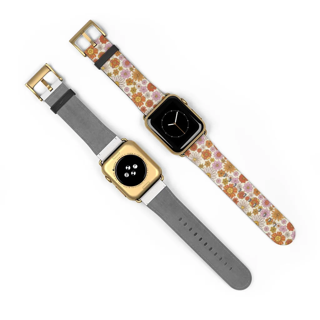 Groovy Flowers Apple Watch Band, Cute Retro Floral Designer Vegan Faux Leather 38mm 40mm 42mm 44mm Size Series 1 2 3 4 5 6 7 SE Strap