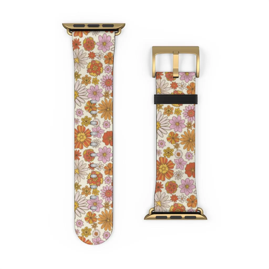 Groovy Flowers Apple Watch Band, Cute Retro Floral Designer Vegan Faux Leather 38mm 40mm 42mm 44mm Size Series 1 2 3 4 5 6 7 SE Strap