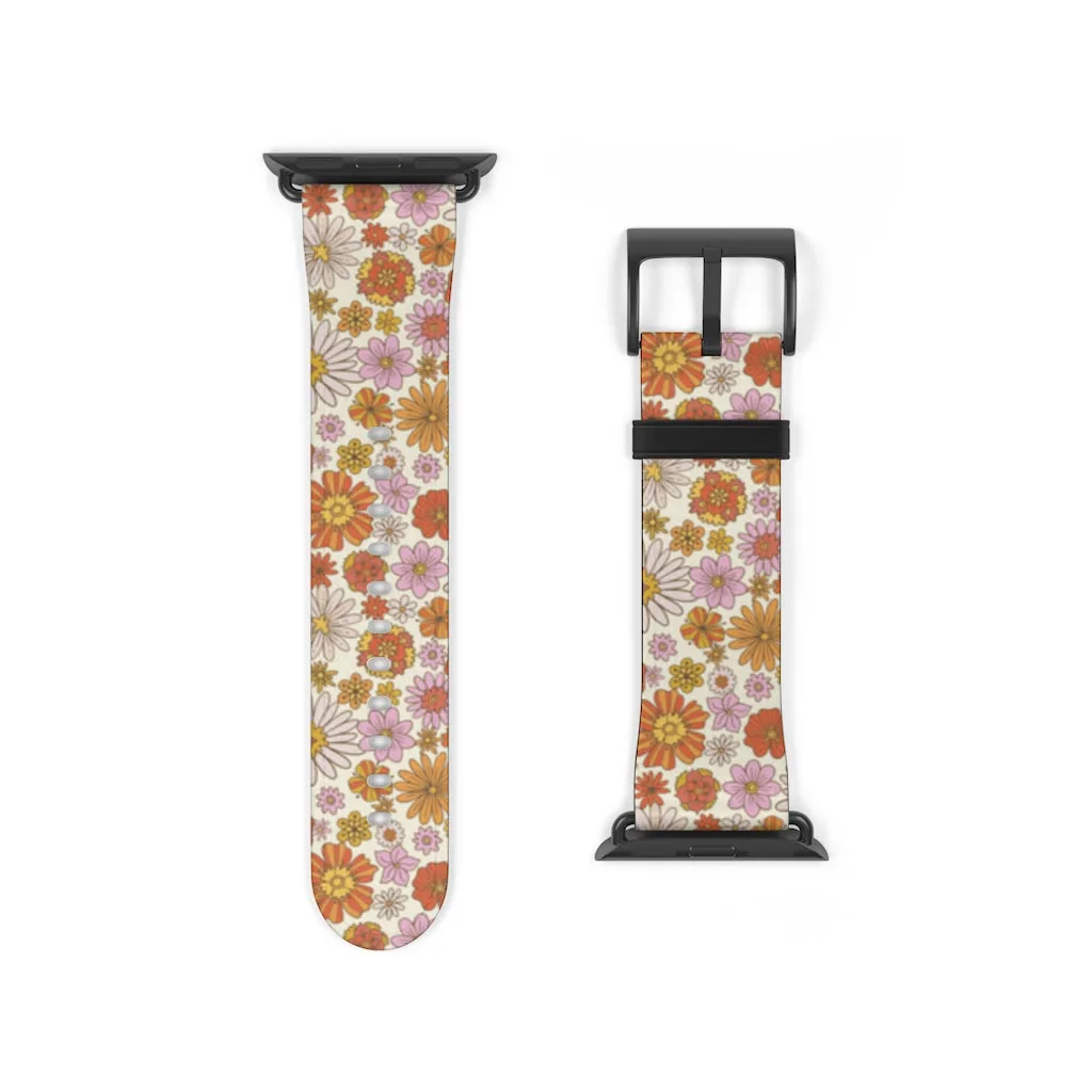 Groovy Flowers Apple Watch Band, Cute Retro Floral Designer Vegan Faux Leather 38mm 40mm 42mm 44mm Size Series 1 2 3 4 5 6 7 SE Strap