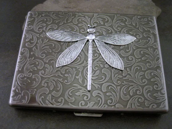 Handmade Antique Silver Embossed Dragonfly Cigarette Case