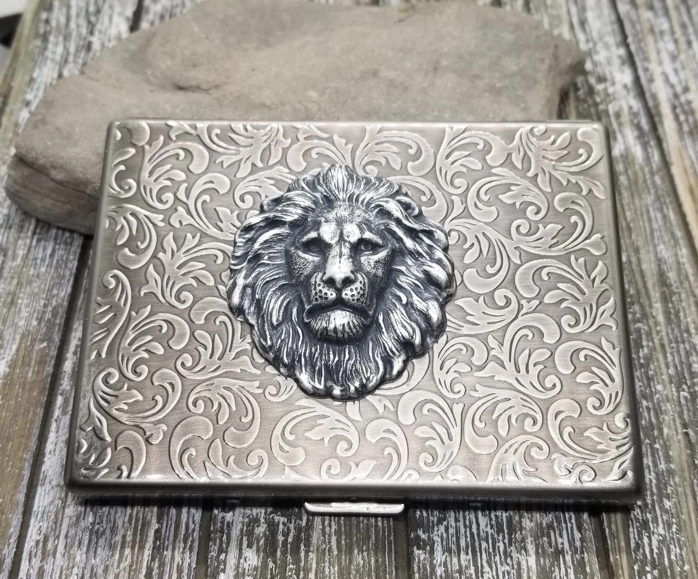 Handmade Antique Silver Embossed Steampunk Lion Cigarette Case