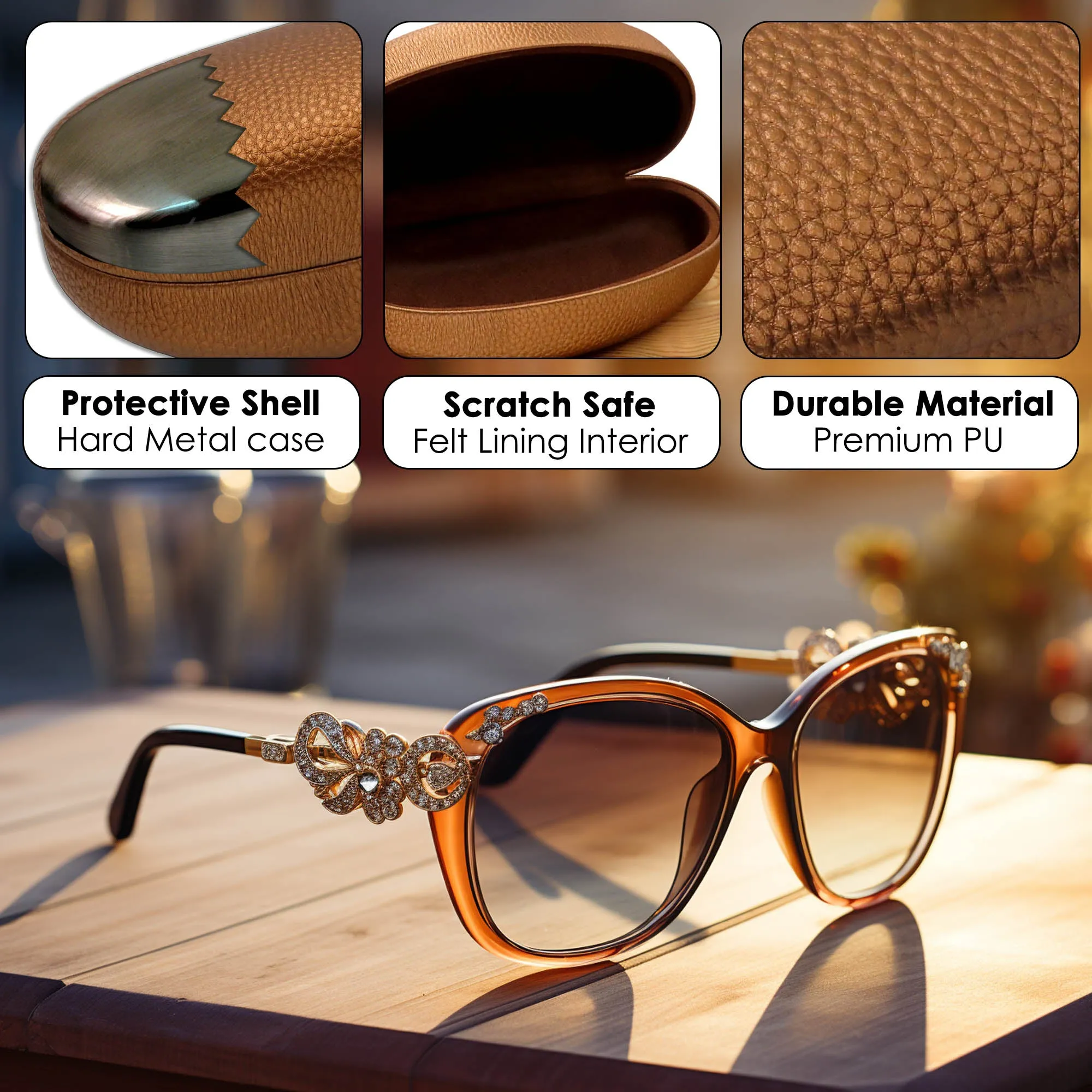 Hard Shell Sunglass Case for Curved Frames With Pouch & Cloth - Large to Extra Large Frames (AS413 Bronze)