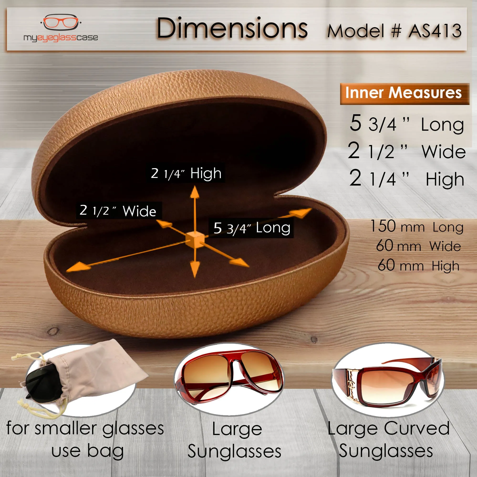 Hard Shell Sunglass Case for Curved Frames With Pouch & Cloth - Large to Extra Large Frames (AS413 Bronze)