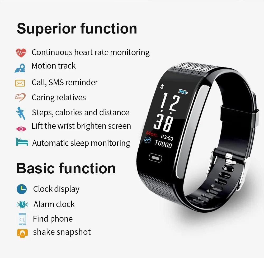 Heart Rate Smart watch Monitor IP67 Wrist Watch Fitness Bracelet Tracker Pedometer For iPhone Androids