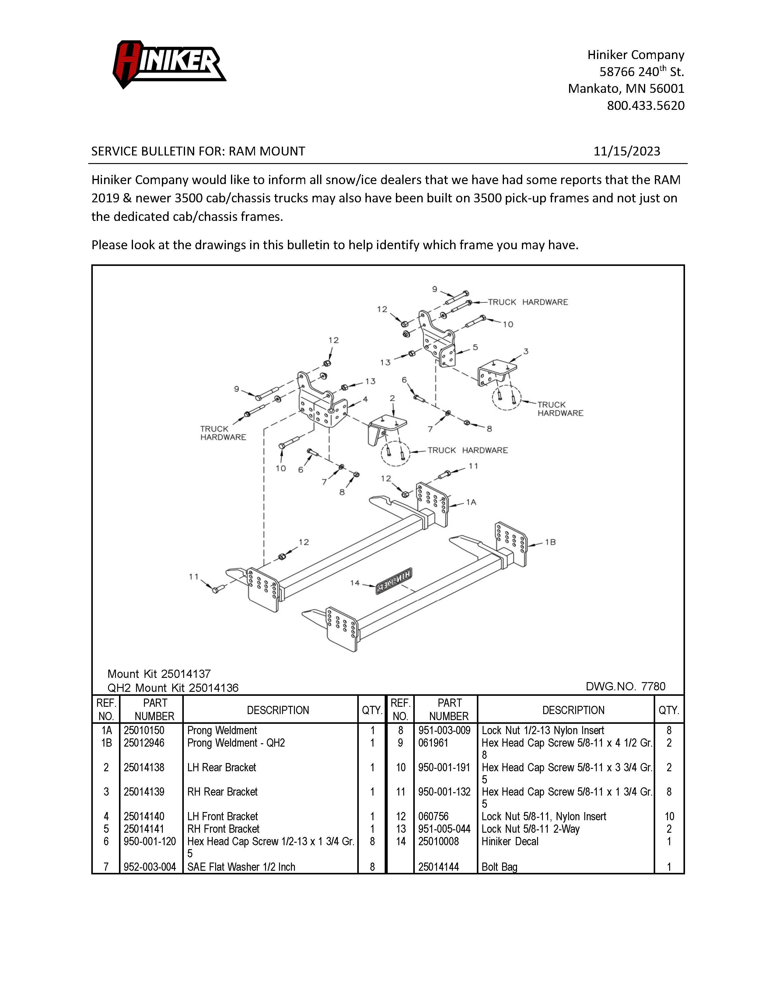 Hiniker Snowplow Mount - Quick Hitch 2 (QH2), 2019 & Newer Dodge/ RAM 2500-3500, 25014068