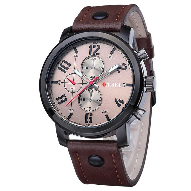 Hot Sales O.T.SEA Brand Pu Leather Watches Men Military Sports Quartz Wristwatches Relogio Masculino 8192