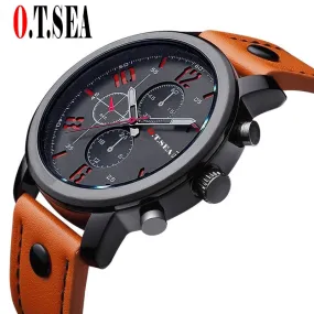 Hot Sales O.T.SEA Brand Pu Leather Watches Men Military Sports Quartz Wristwatches Relogio Masculino 8192