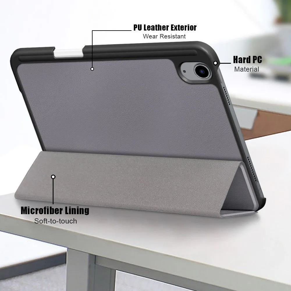 iPad Mini 6 (2021) slim tri-fold PU leather flip case with pen slot - Grey