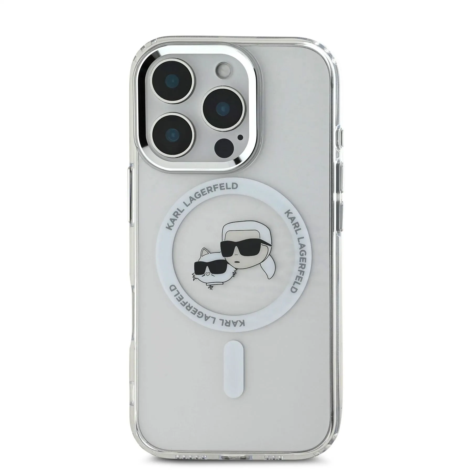 Karl Lagerfeld IML Karl & Choupette Head Metal Frame Case with MagSafe for iPhone 16 Pro 6.3" Clear - KLHMP16LHLSKCH