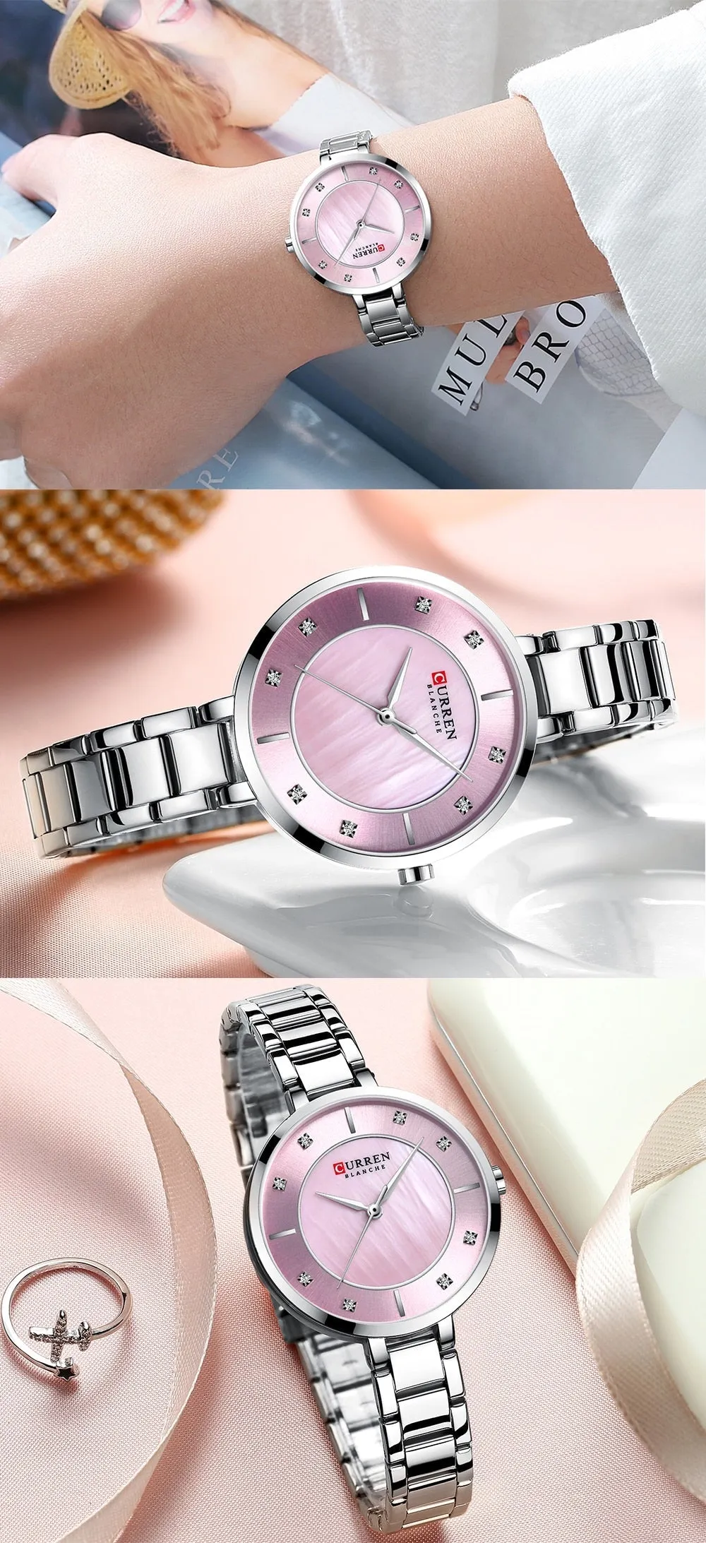 Ladies Fashion Luxury Rhinestone Dial Quartz Clock Water Resistant Stainless Steel Band Wristwatch Watch