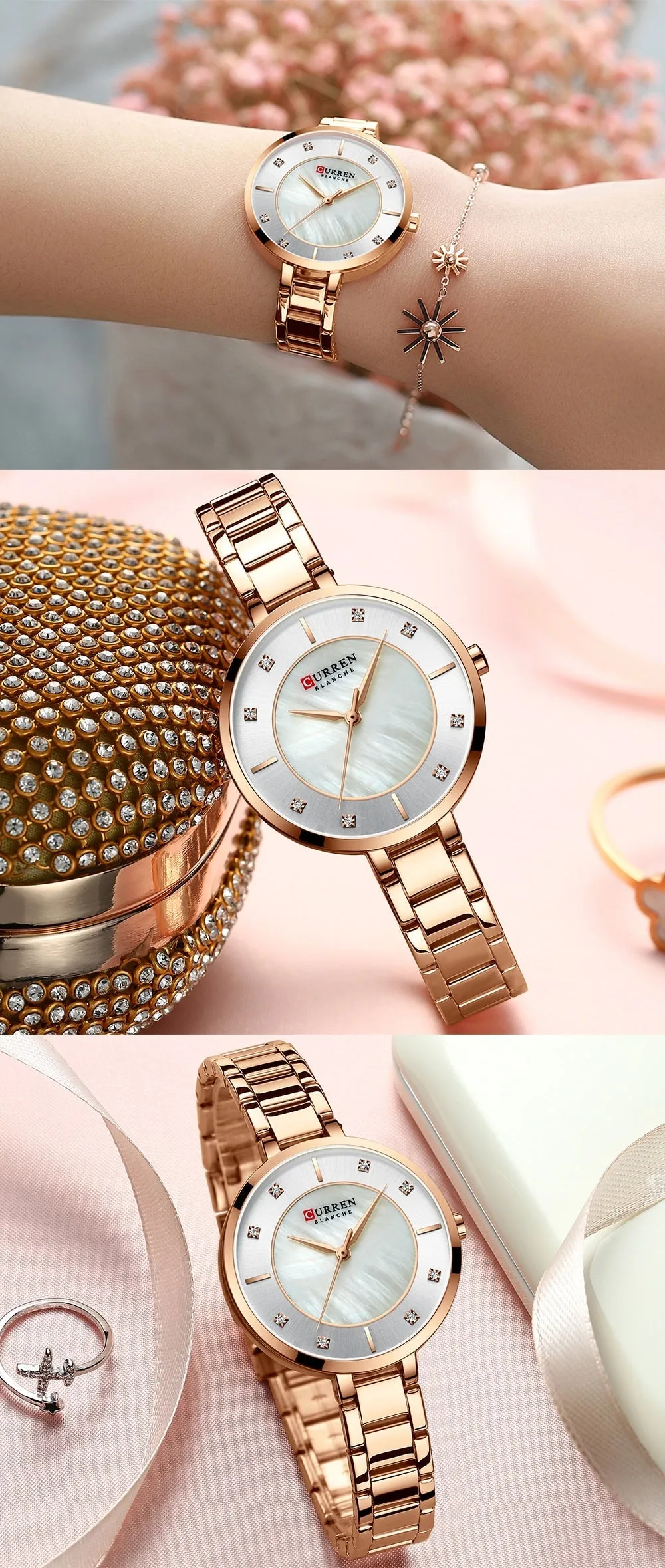 Ladies Fashion Luxury Rhinestone Dial Quartz Clock Water Resistant Stainless Steel Band Wristwatch Watch