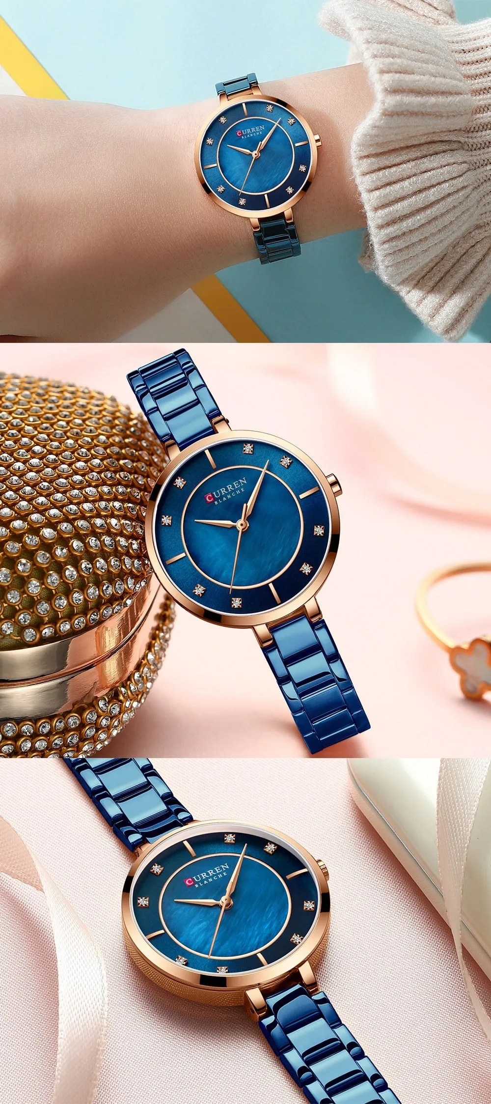 Ladies Fashion Luxury Rhinestone Dial Quartz Clock Water Resistant Stainless Steel Band Wristwatch Watch