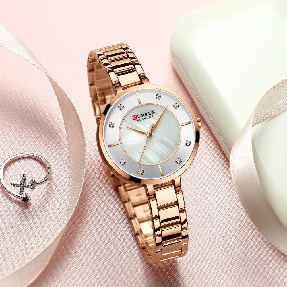 Ladies Fashion Luxury Rhinestone Dial Quartz Clock Water Resistant Stainless Steel Band Wristwatch Watch