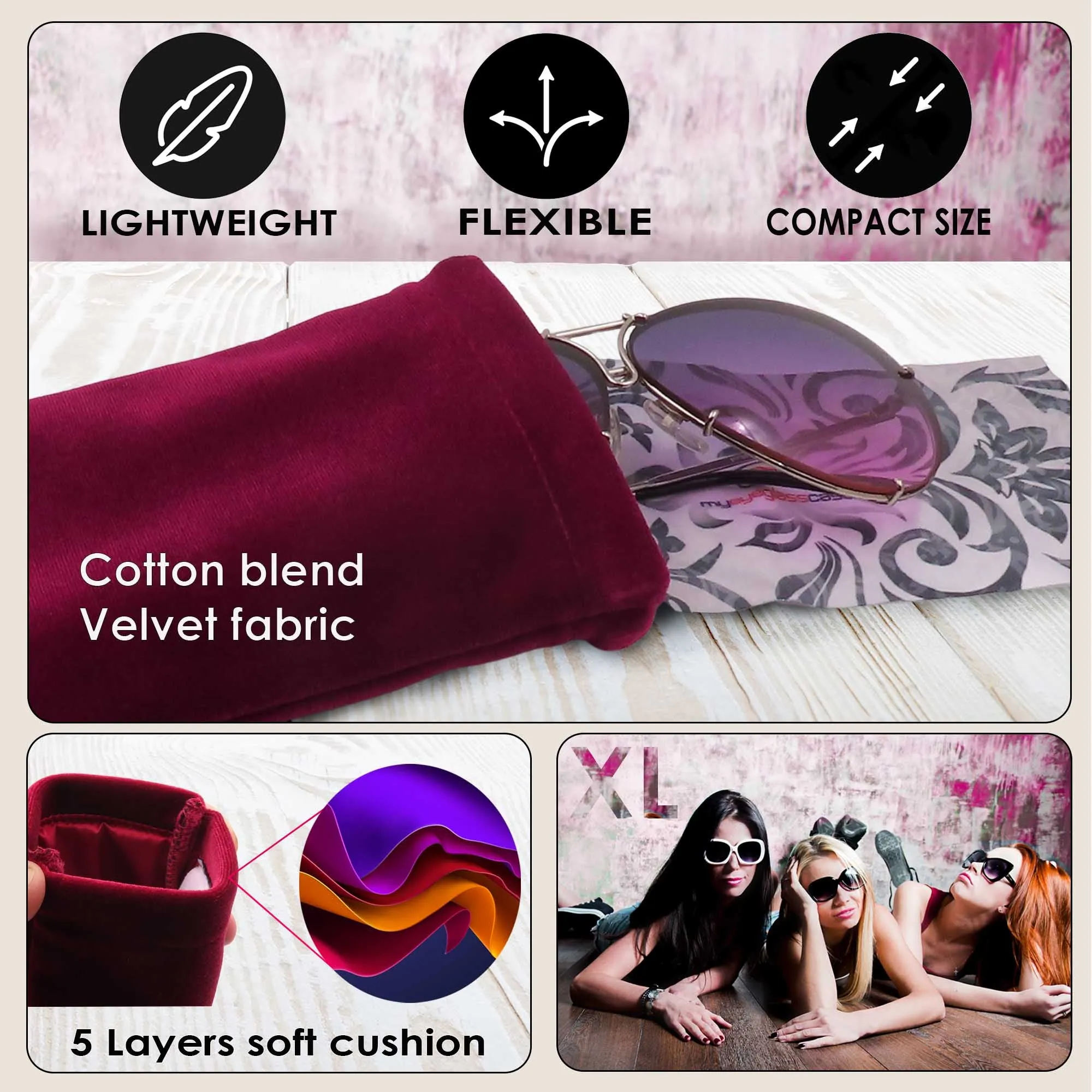 Large Soft Sunglasses Pouch, Soft Squeeze Top Case Eyeglasses Case w/ Cloth- Smartphone case (CT8 Velvet Wine)