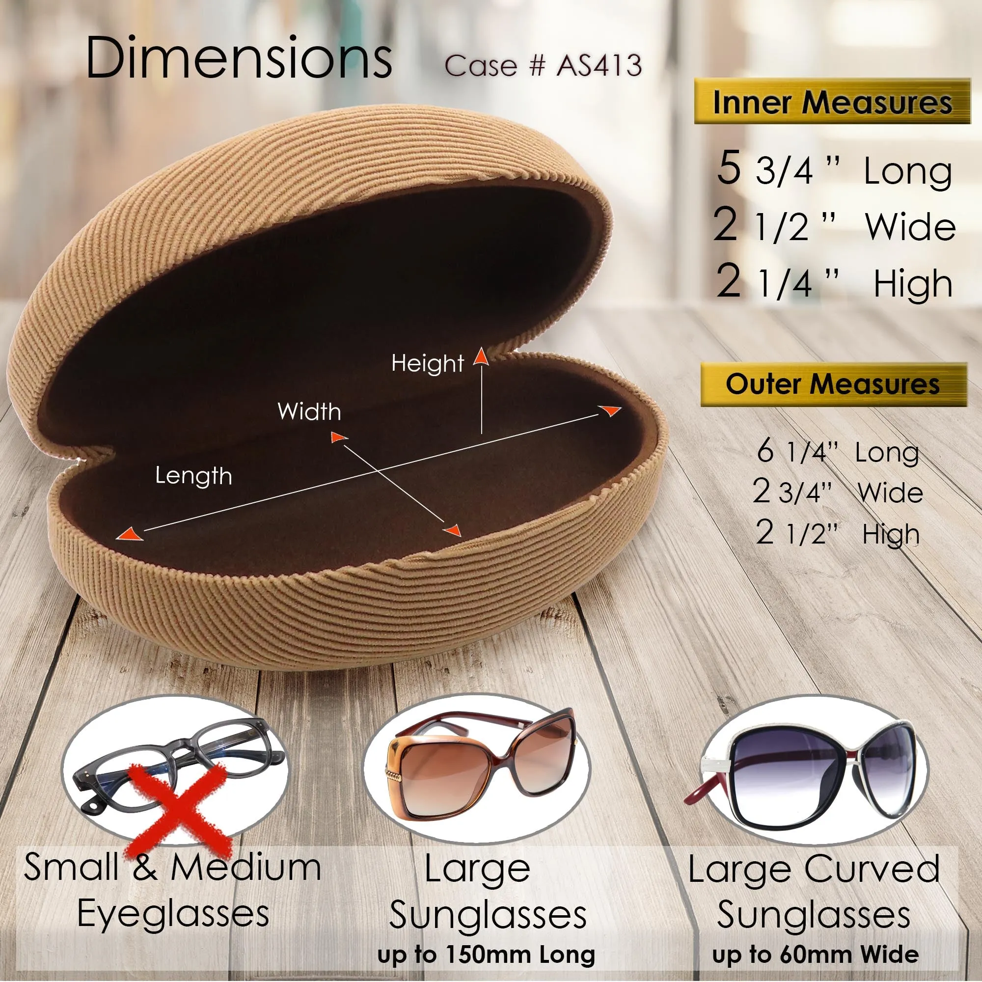 Large Sunglasses Case - Hard Glasses Case with Drawstring Pouch and Cloth | Eyeglass Case for Large to Extra Large Frames By MyEyeglassCase (AS413 Corduroy Beige)