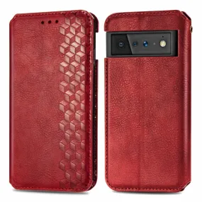 Leather case with a stylish rhombus imprint for Google Pixel 6 - Red